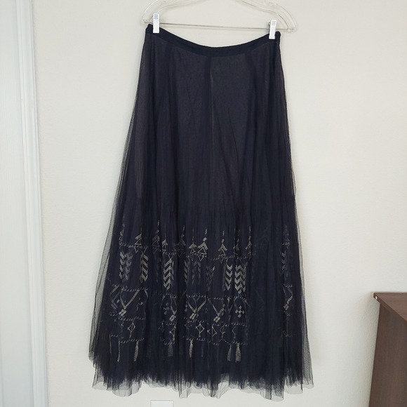 Anthropologie‎ Floreat Embroidered Tulle Maxi Skirt in Navy Blue Size 8 - Picture 2 of 9